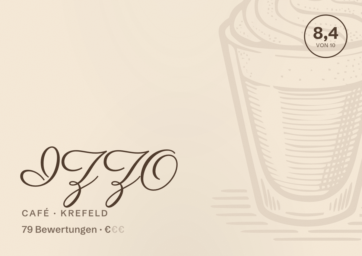 Illustriertes Poster von IZZO, Café in Krefeld: Bewertung 8,4 von 10 aus 79 Bewertungen, Preisniveau €