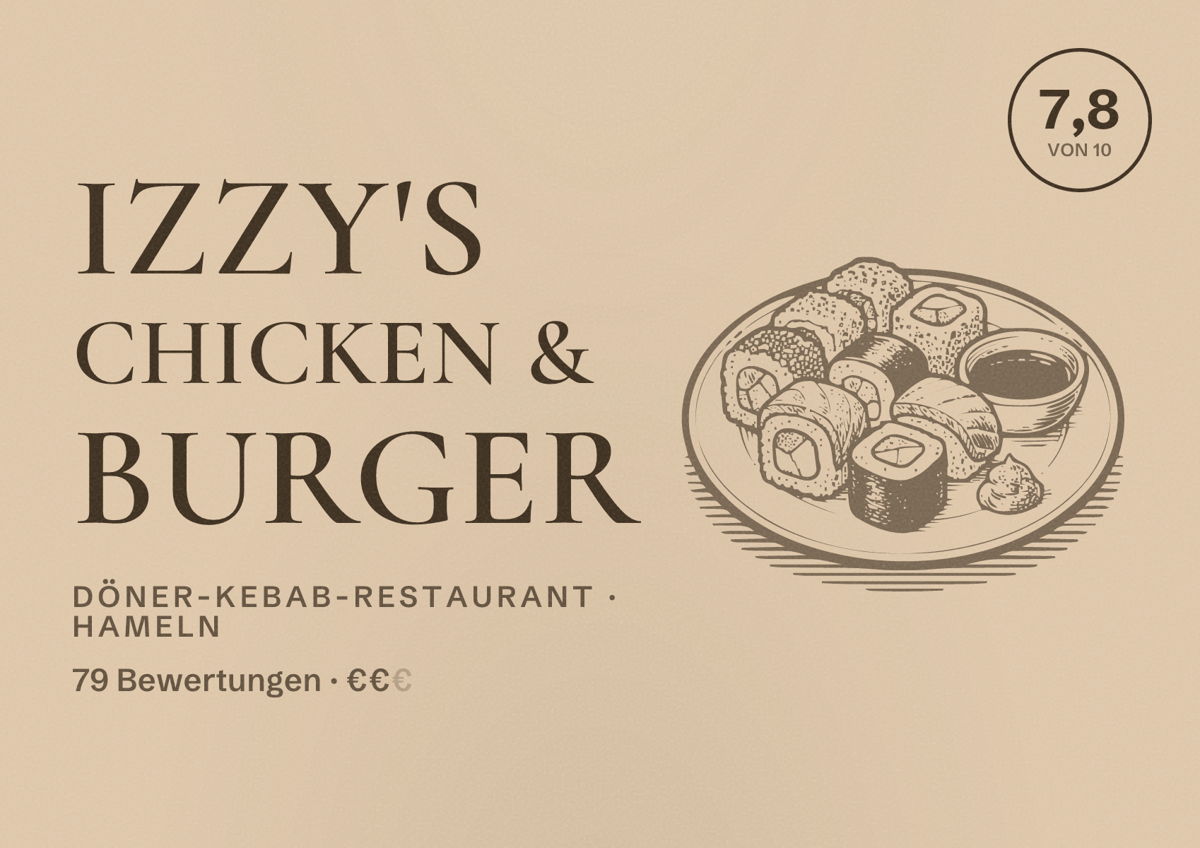 Illustriertes Poster von Izzy's Chicken & Burger, Döner-Kebab-Restaurant in Hameln: Bewertung 7,8 von 10 aus 79 Bewertungen, Preisniveau €€