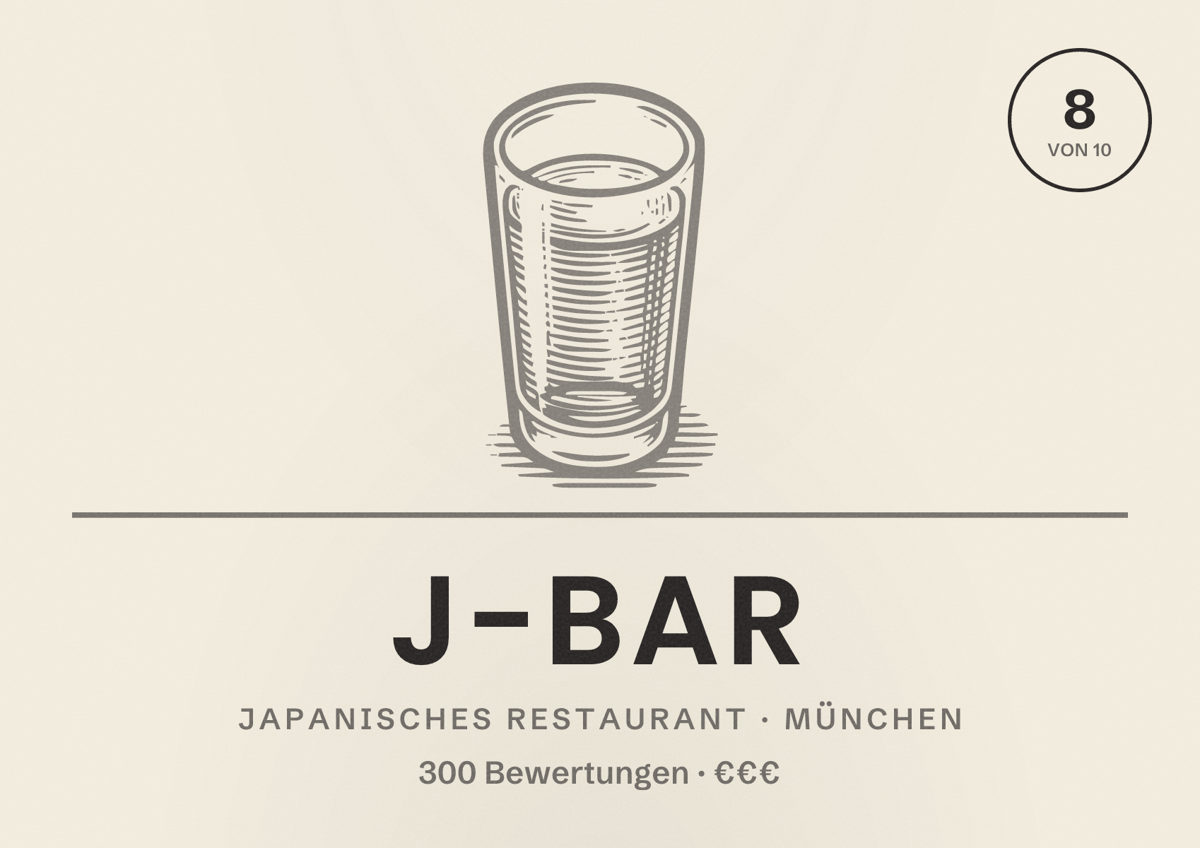 Illustriertes Poster von J-Bar, Japanisches Restaurant in München: Bewertung 8,0 von 10 aus 300 Bewertungen, Preisniveau €€€