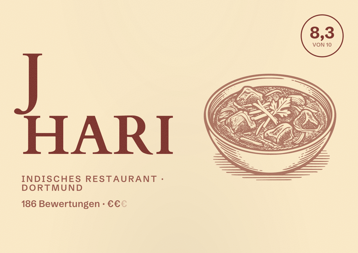 Illustriertes Poster von J Hari, Indisches Restaurant in Dortmund: Bewertung 8,3 von 10 aus 186 Bewertungen, Preisniveau €€
