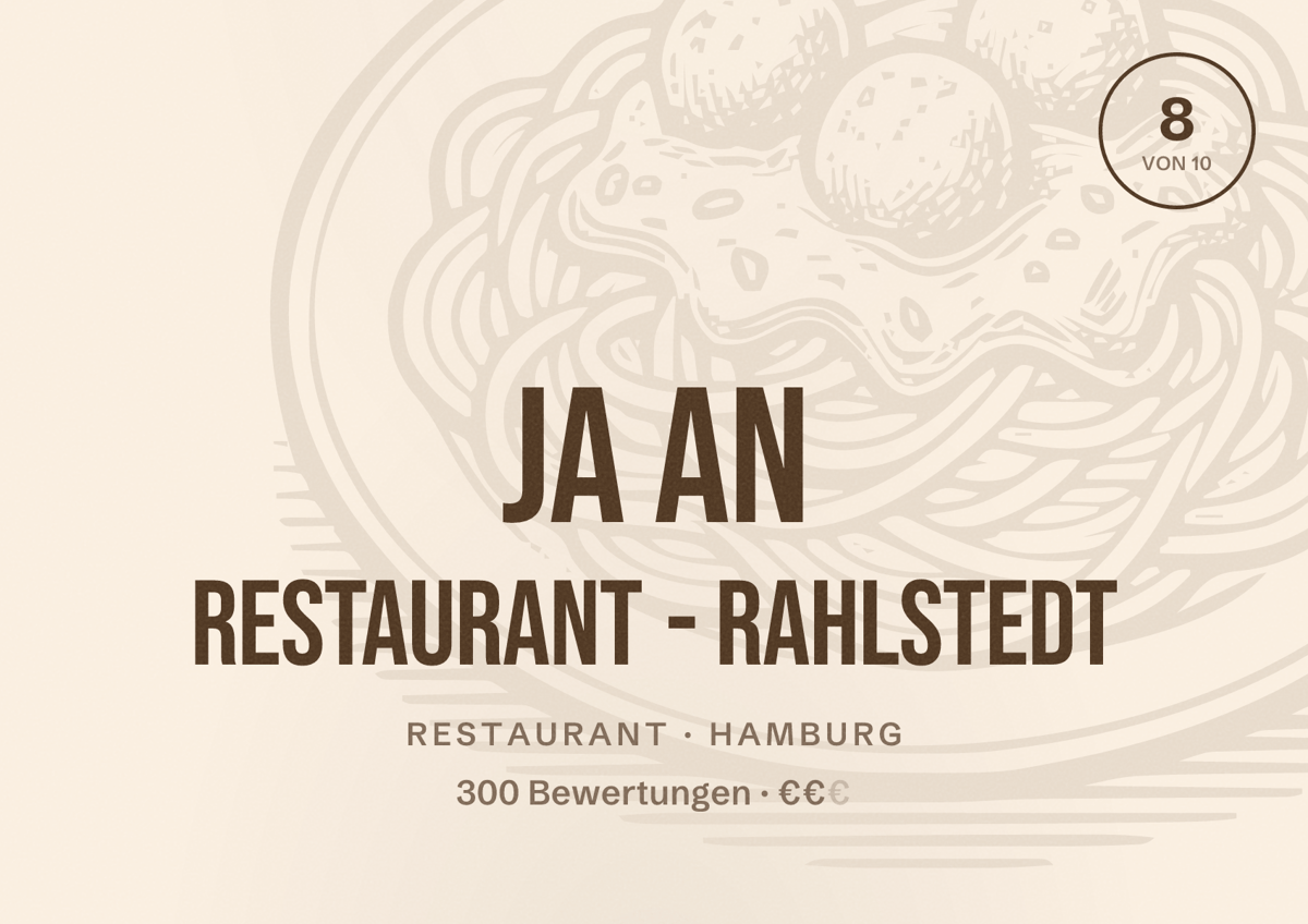 Illustriertes Poster von JA AN Restaurant - Rahlstedt, Restaurant in Hamburg: Bewertung 8 von 10 aus 300 Bewertungen, Preisniveau €€