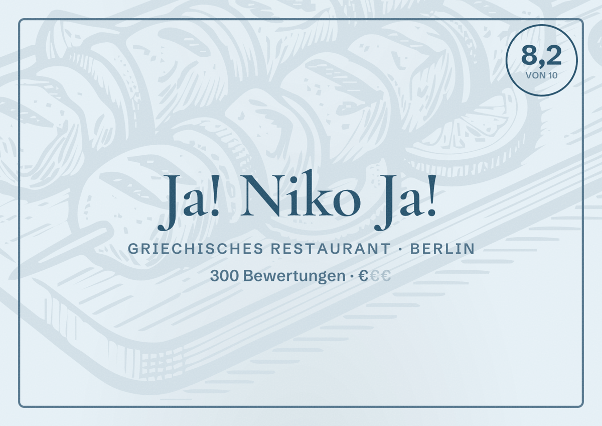Illustriertes Poster von Ja! Niko Ja!, Griechisches Restaurant in Berlin: Bewertung 8,2 von 10 aus 300 Bewertungen, Preisniveau €