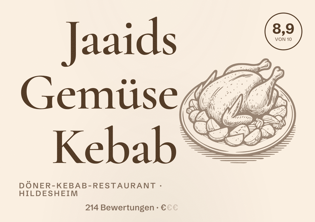 Illustriertes Poster von Jaaids Gemüse Kebab, Döner-Kebab-Restaurant in Hildesheim: Bewertung 8,9 von 10 aus 214 Bewertungen, Preisniveau €