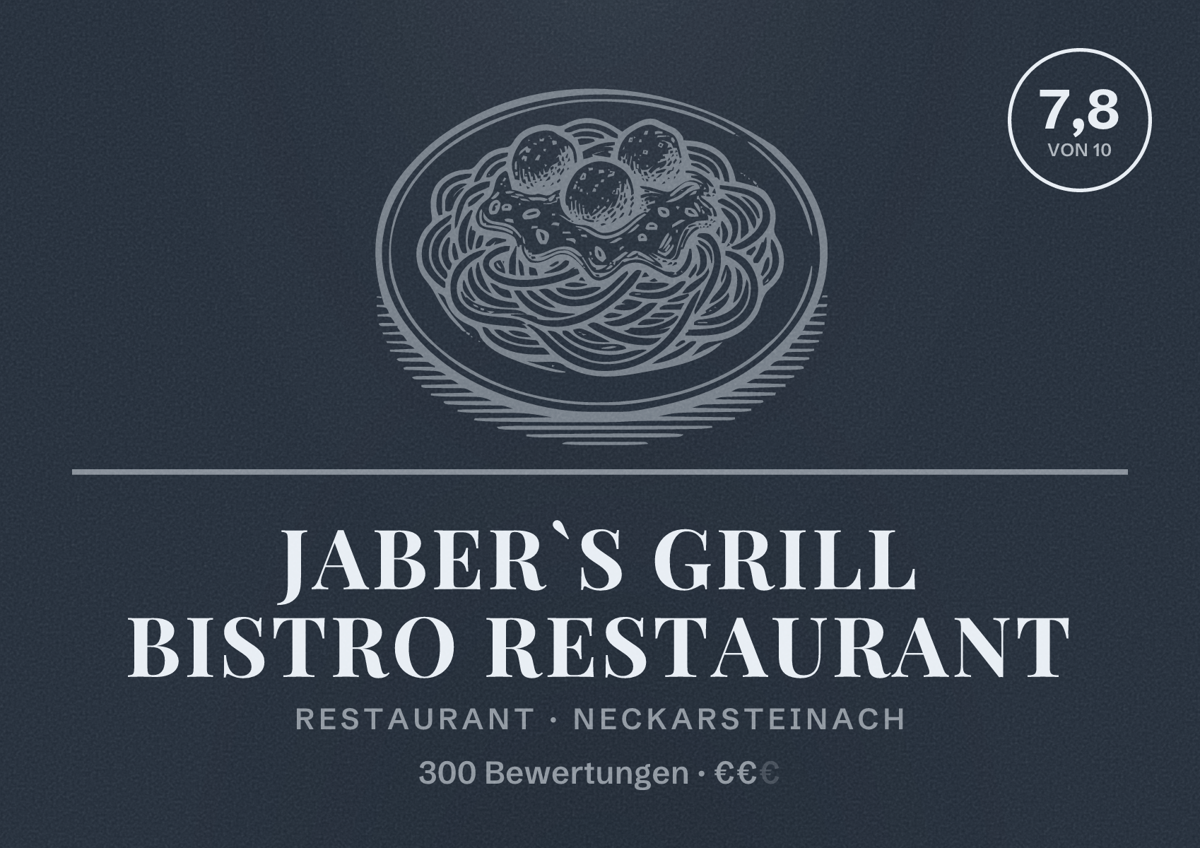 Illustriertes Poster von Jaber`s Grill Bistro Restaurant, Restaurant in Neckarsteinach: Bewertung 7,8 von 10 aus 300 Bewertungen, Preisniveau €€