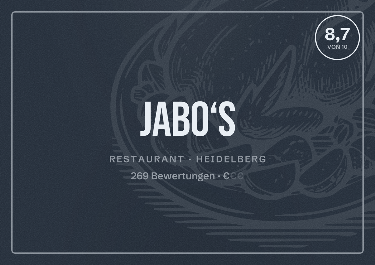Illustriertes Poster von JaBo‘s, Restaurant in Heidelberg: Bewertung 8,7 von 10 aus 269 Bewertungen, Preisniveau €