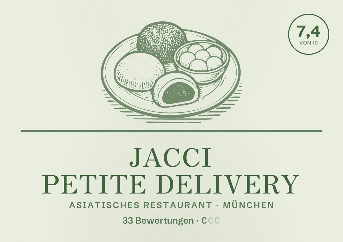 Illustriertes Poster von Jacci petite Delivery, Asiatisches Restaurant in München: Bewertung 7,4 von 10 aus 33 Bewertungen, Preisniveau €