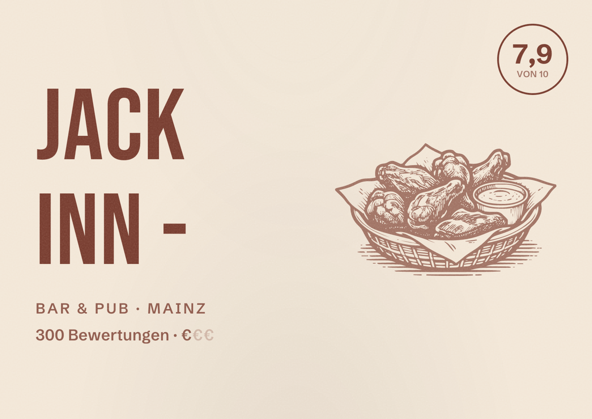 Illustriertes Poster von Jack Inn -, Bar & Pub in Mainz: Bewertung 7,9 von 10 aus 300 Bewertungen, Preisniveau €