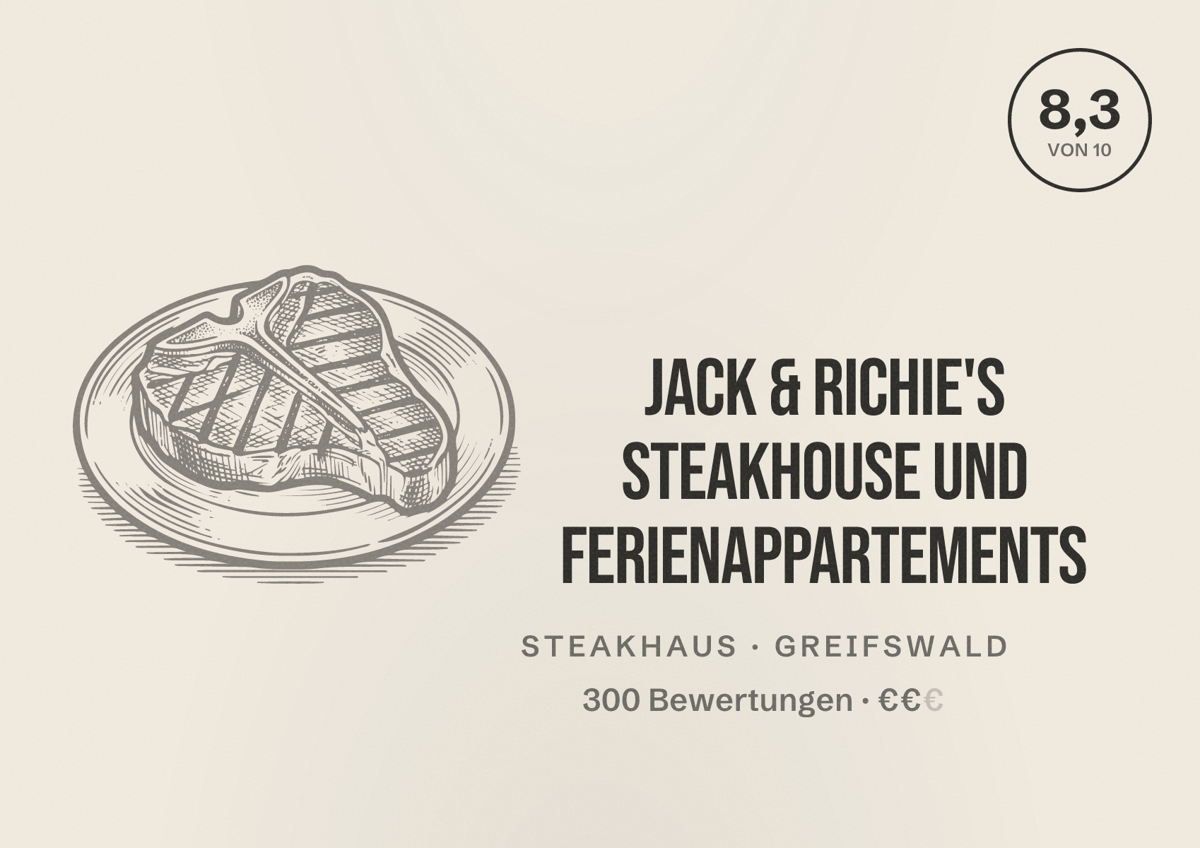 Illustriertes Poster von Jack & Richie's Steakhouse und Ferienappartements, Steakhaus in Greifswald: Bewertung 8,3 von 10 aus 300 Bewertungen, Preisniveau €€