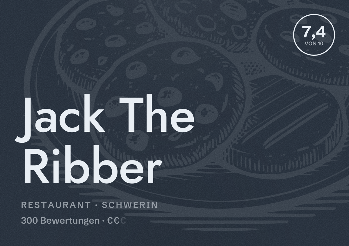 Illustriertes Poster von Jack The Ribber, Restaurant in Schwerin: Bewertung 7,4 von 10 aus 300 Bewertungen, Preisniveau €€