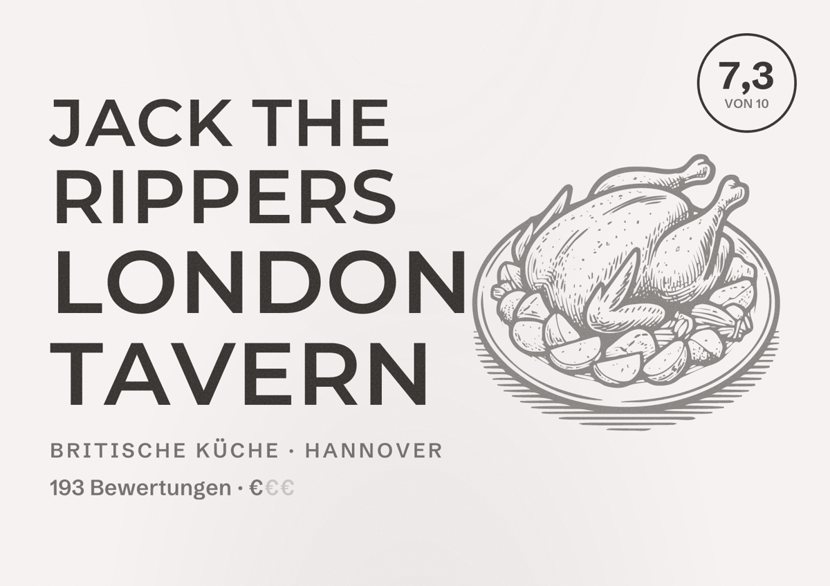Illustriertes Poster von Jack the Rippers London Tavern, Britische Küche in Hannover: Gästebewertung 7,3 von 10 aus 193 Bewertungen