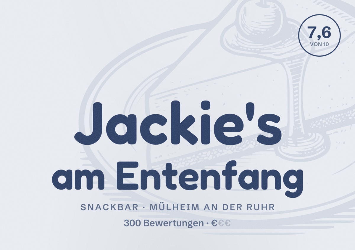 Illustriertes Poster von Jackie's am Entenfang, Snackbar in Mülheim an der Ruhr: Bewertung 7,6 von 10 aus 300 Bewertungen, Preisniveau €