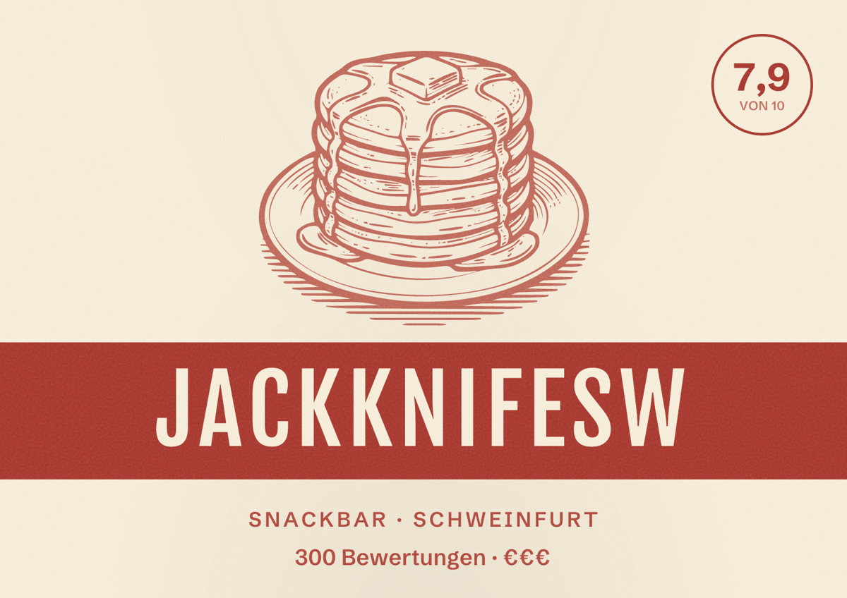Illustriertes Poster von Jackknifesw, Snackbar in Schweinfurt: Bewertung 7,9 von 10 aus 300 Bewertungen, Preisniveau €€€