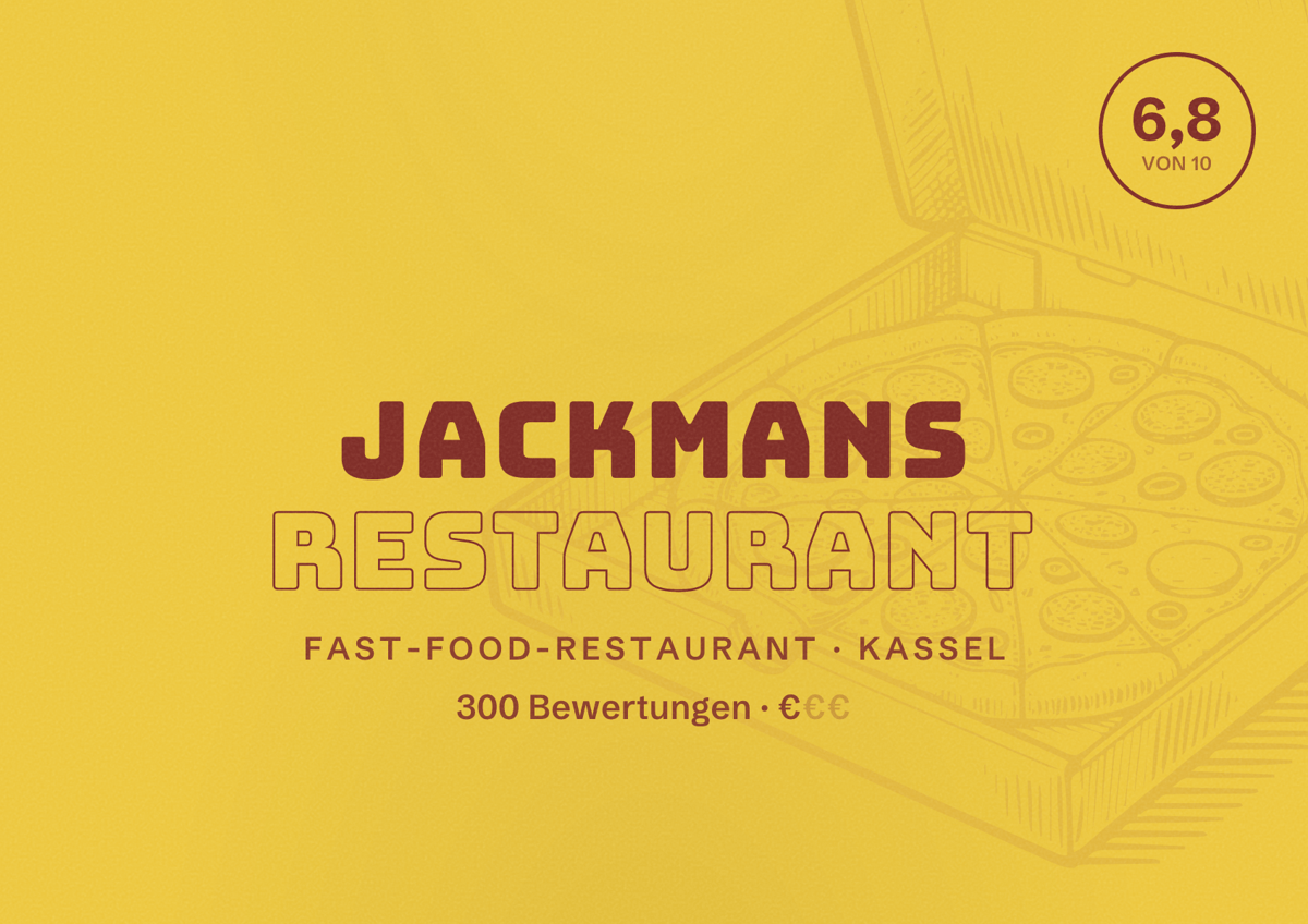 Illustriertes Poster von Jackmans Restaurant, Fast-Food-Restaurant in Kassel: Bewertung 6,8 von 10 aus 300 Bewertungen, Preisniveau €