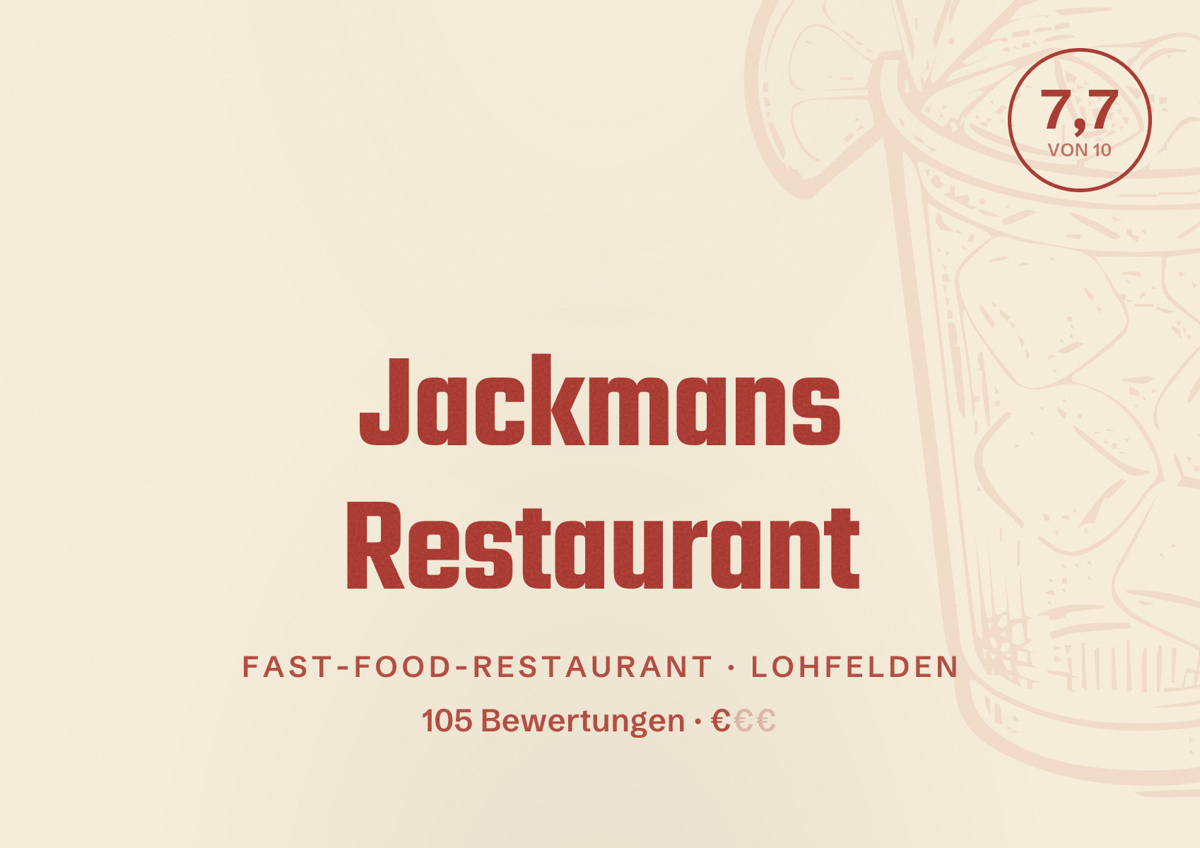 Illustriertes Poster von Jackmans Restaurant, Fast-Food-Restaurant in Lohfelden: Bewertung 7,7 von 10 aus 105 Bewertungen, Preisniveau €