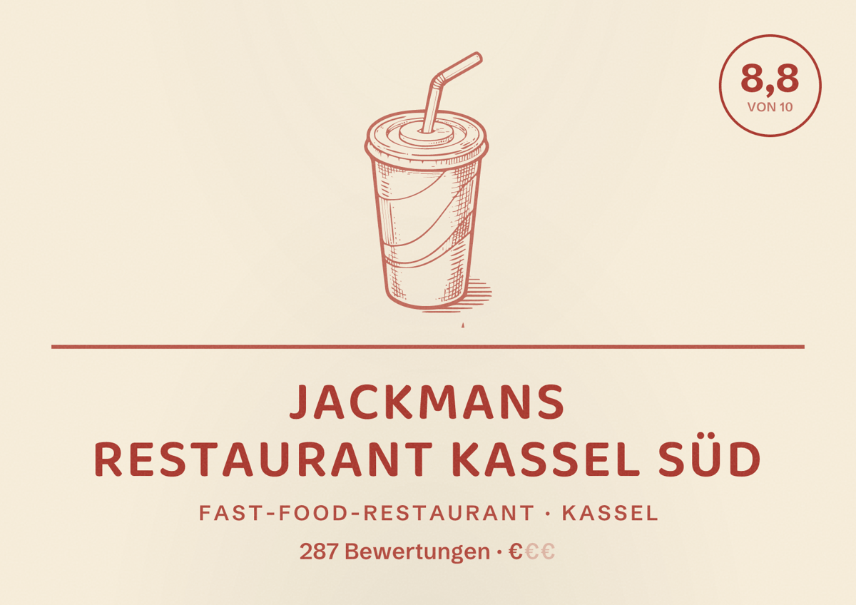 Illustriertes Poster von Jackmans Restaurant Kassel Süd, Fast-Food-Restaurant in Kassel: Bewertung 8,8 von 10 aus 287 Bewertungen, Preisniveau €