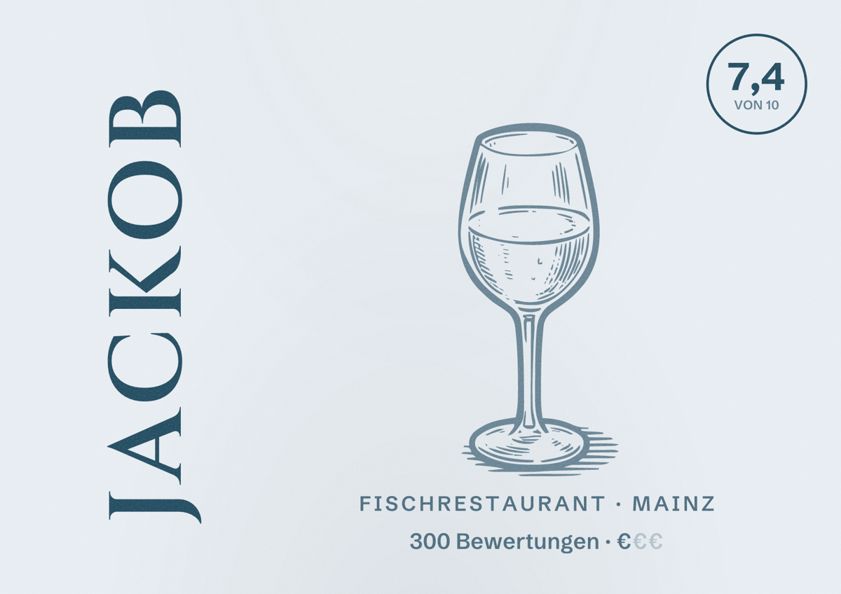 Illustriertes Poster von Jackob, Fischrestaurant in Mainz: Bewertung 7,4 von 10 aus 300 Bewertungen, Preisniveau €