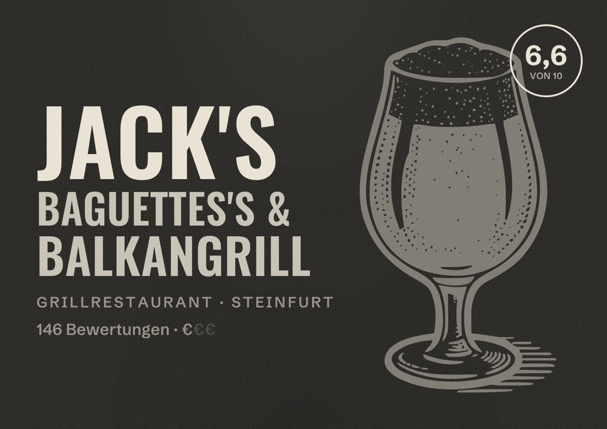 Illustriertes Poster von Jack's Baguettes's & Balkangrill, Grillrestaurant in Steinfurt: Bewertung 6,6 von 10 aus 146 Bewertungen, Preisniveau €
