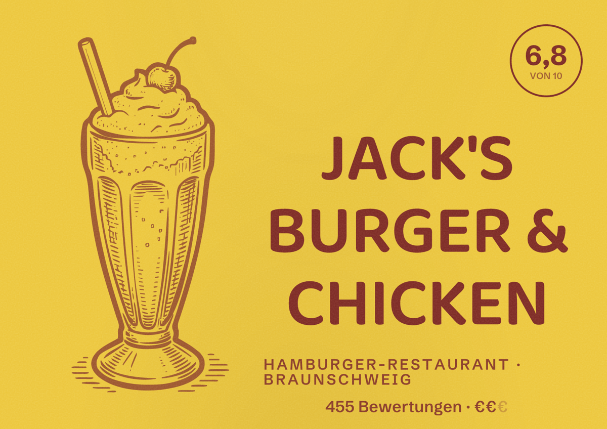 Illustriertes Poster von JACK'S BURGER & CHICKEN, Hamburger-Restaurant in Braunschweig: Bewertung 6,8 von 10 aus 455 Bewertungen, Preisniveau €€