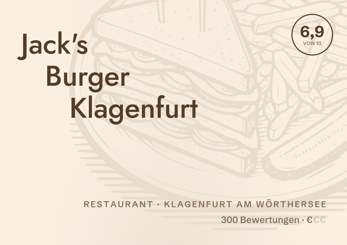 Illustriertes Poster von Jack's Burger Klagenfurt, Restaurant in Klagenfurt am Wörthersee: Bewertung 6,9 von 10 aus 300 Bewertungen, Preisniveau €