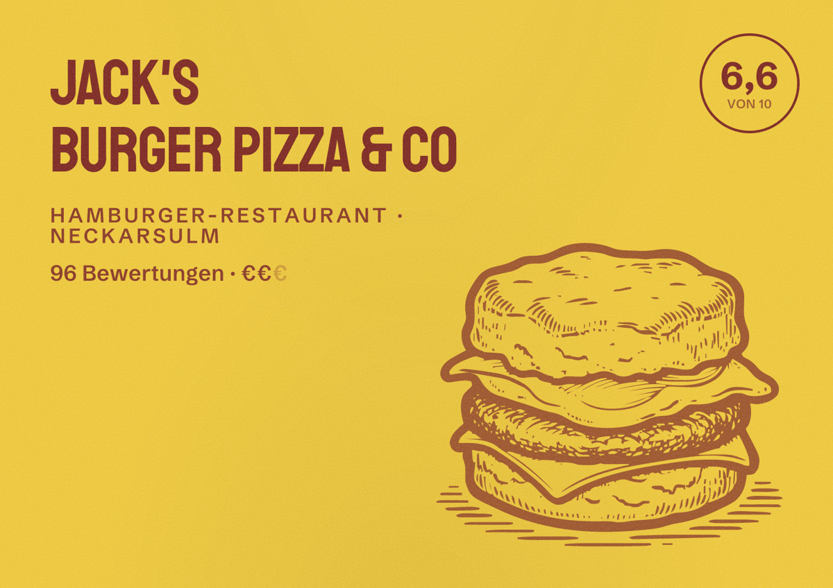 Illustriertes Poster von Jack's Burger Pizza & co, Hamburger-Restaurant in Neckarsulm: Bewertung 6,6 von 10 aus 96 Bewertungen, Preisniveau €€