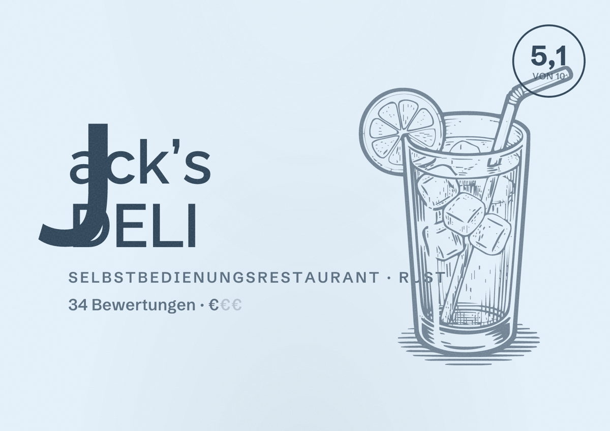Illustriertes Poster von Jack’s DELI, Selbstbedienungsrestaurant in Rust: Bewertung 5,1 von 10 aus 34 Bewertungen, Preisniveau €