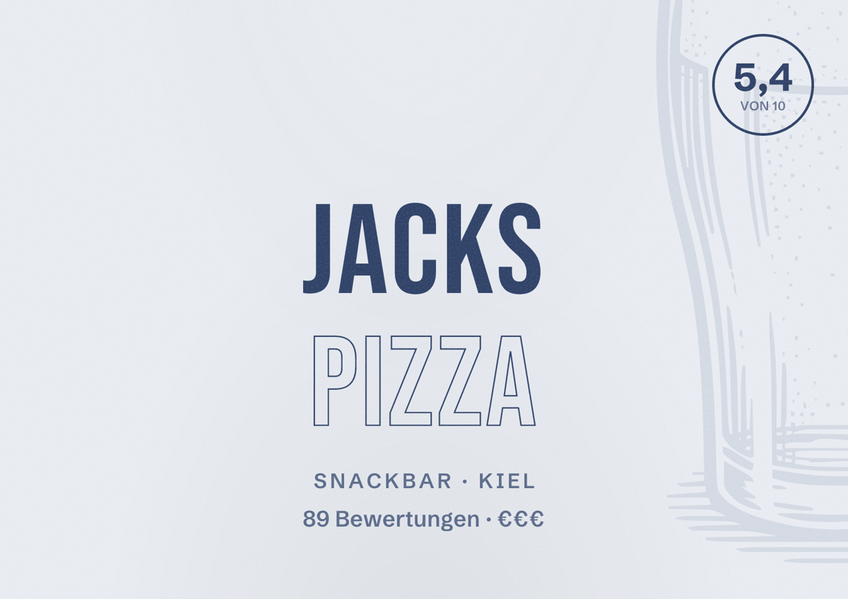 Illustriertes Poster von Jacks Pizza, Snackbar in Kiel: Bewertung 5,4 von 10 aus 89 Bewertungen, Preisniveau €€€