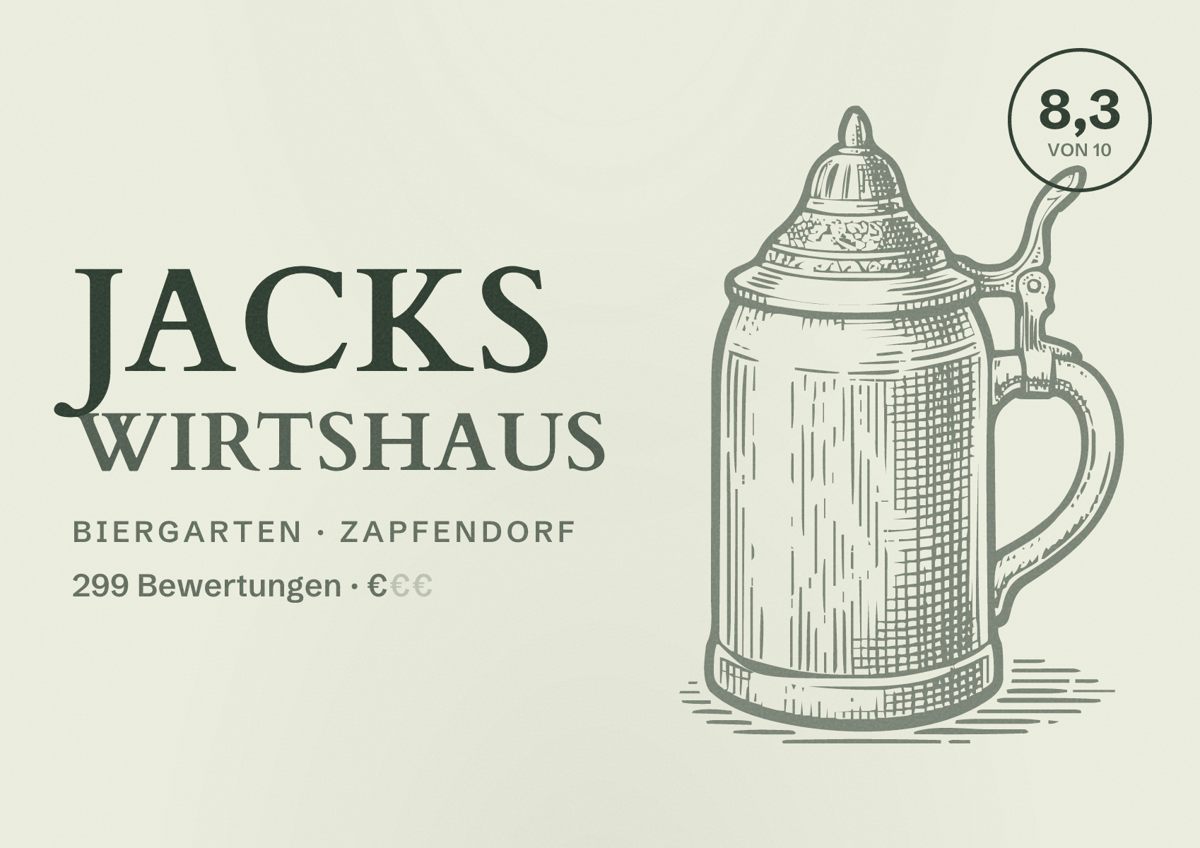 Illustriertes Poster von Jacks Wirtshaus, Biergarten in Zapfendorf: Bewertung 8,3 von 10 aus 299 Bewertungen, Preisniveau €
