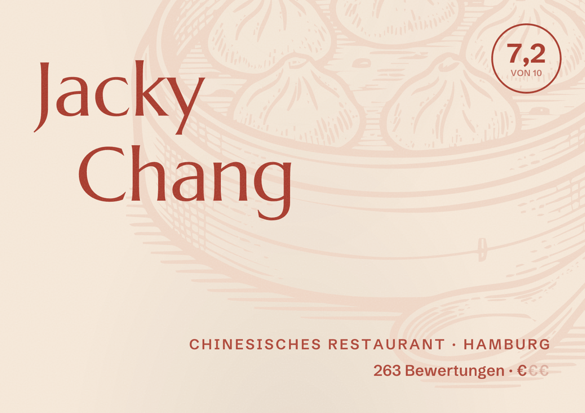 Illustriertes Poster von Jacky Chang, Chinesisches Restaurant in Hamburg: Bewertung 7,2 von 10 aus 263 Bewertungen, Preisniveau €