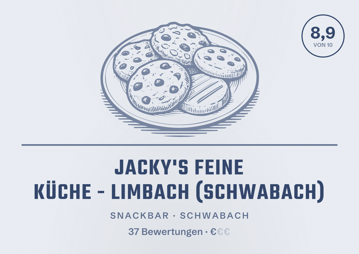 Illustriertes Poster von Jacky's feine Küche - LIMBACH (Schwabach), Snackbar in Schwabach: Bewertung 8,9 von 10 aus 37 Bewertungen, Preisniveau €