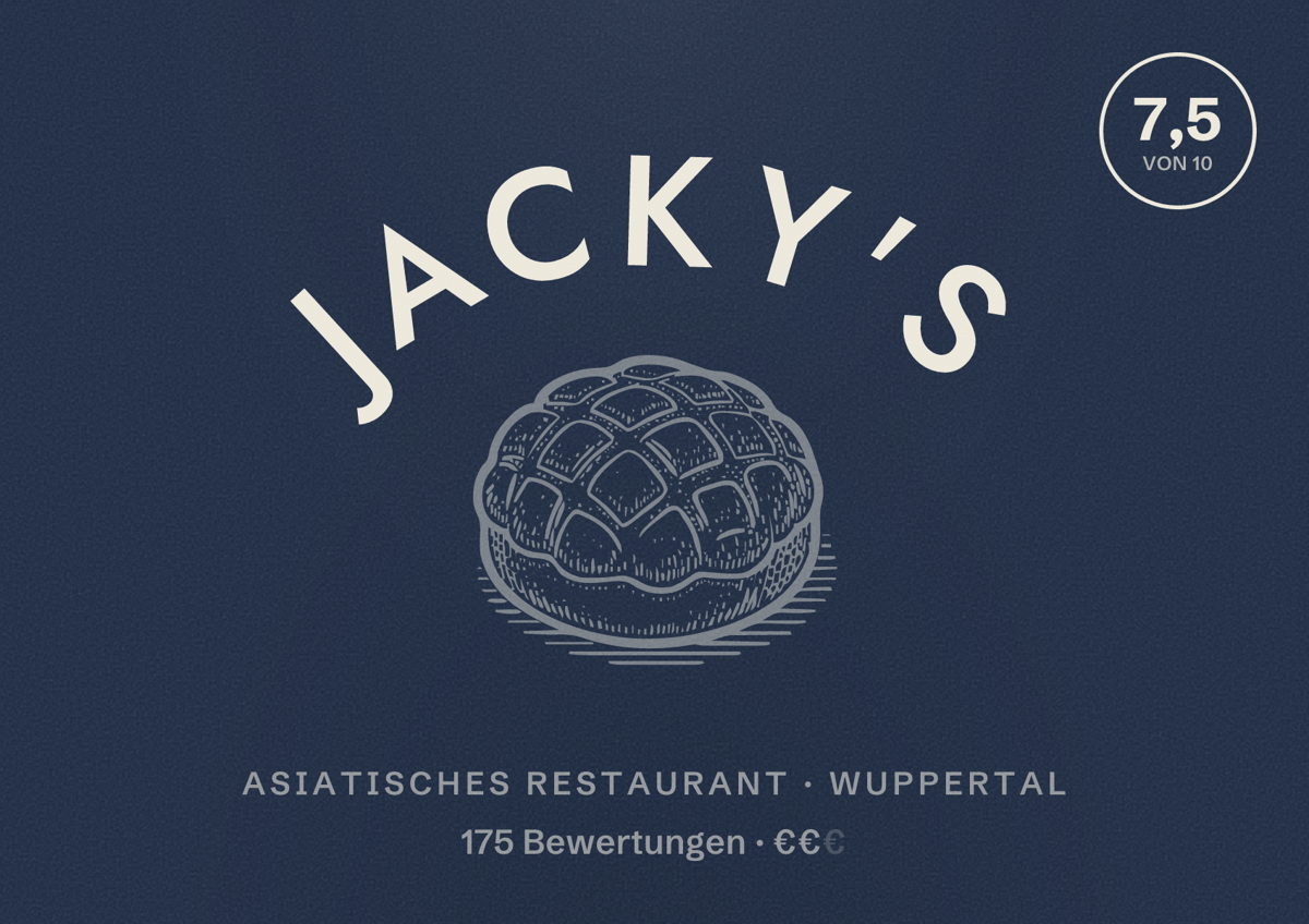 Illustriertes Poster von Jacky's, Asiatisches Restaurant in Wuppertal: Bewertung 7,5 von 10 aus 175 Bewertungen, Preisniveau €€