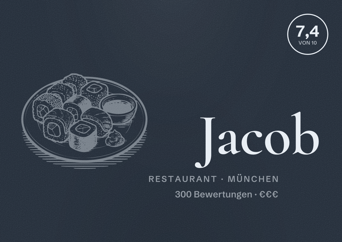 Illustriertes Poster von Jacob, Restaurant in München: Bewertung 7,4 von 10 aus 300 Bewertungen, Preisniveau €€€