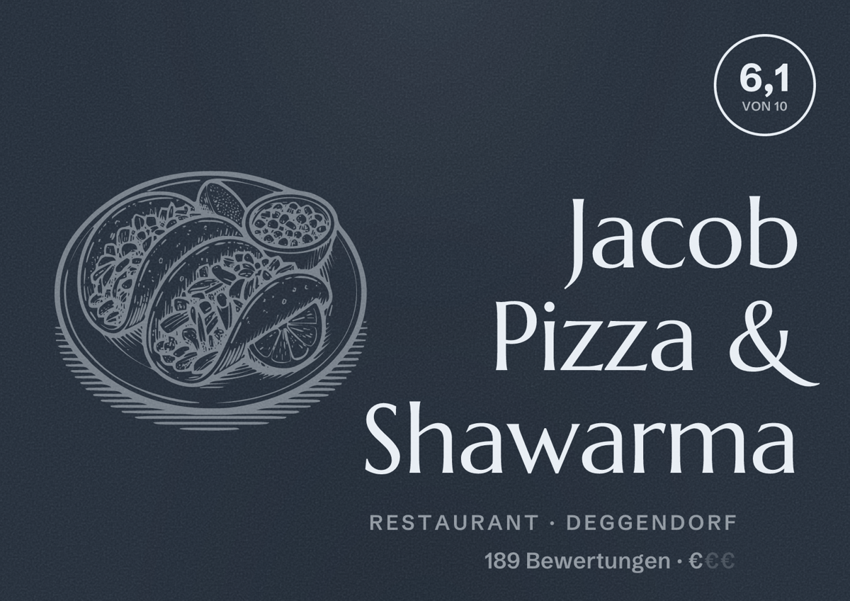 Illustriertes Poster von Jacob Pizza & Shawarma, Restaurant in Deggendorf: Bewertung 6,1 von 10 aus 189 Bewertungen, Preisniveau €
