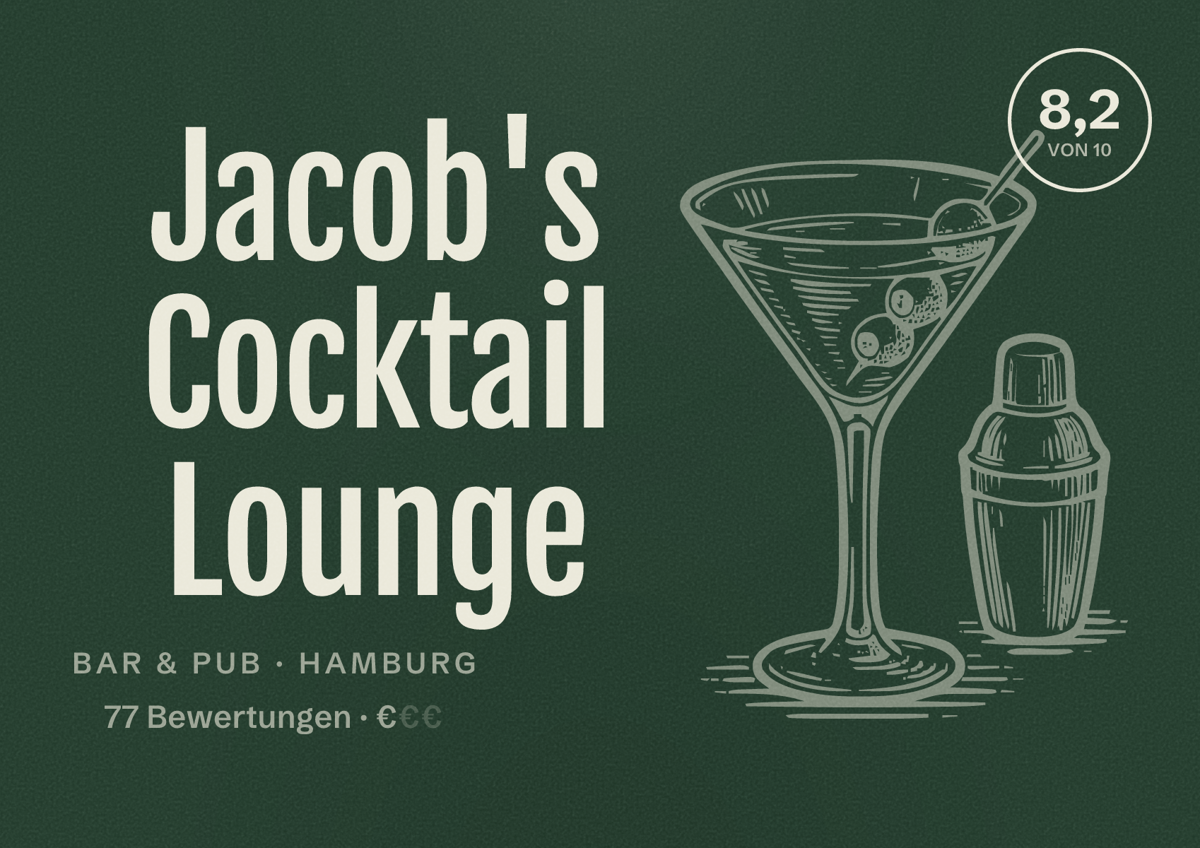 Illustriertes Poster von Jacob's Cocktail Lounge, Bar & Pub in Hamburg: Bewertung 8,2 von 10 aus 77 Bewertungen, Preisniveau €
