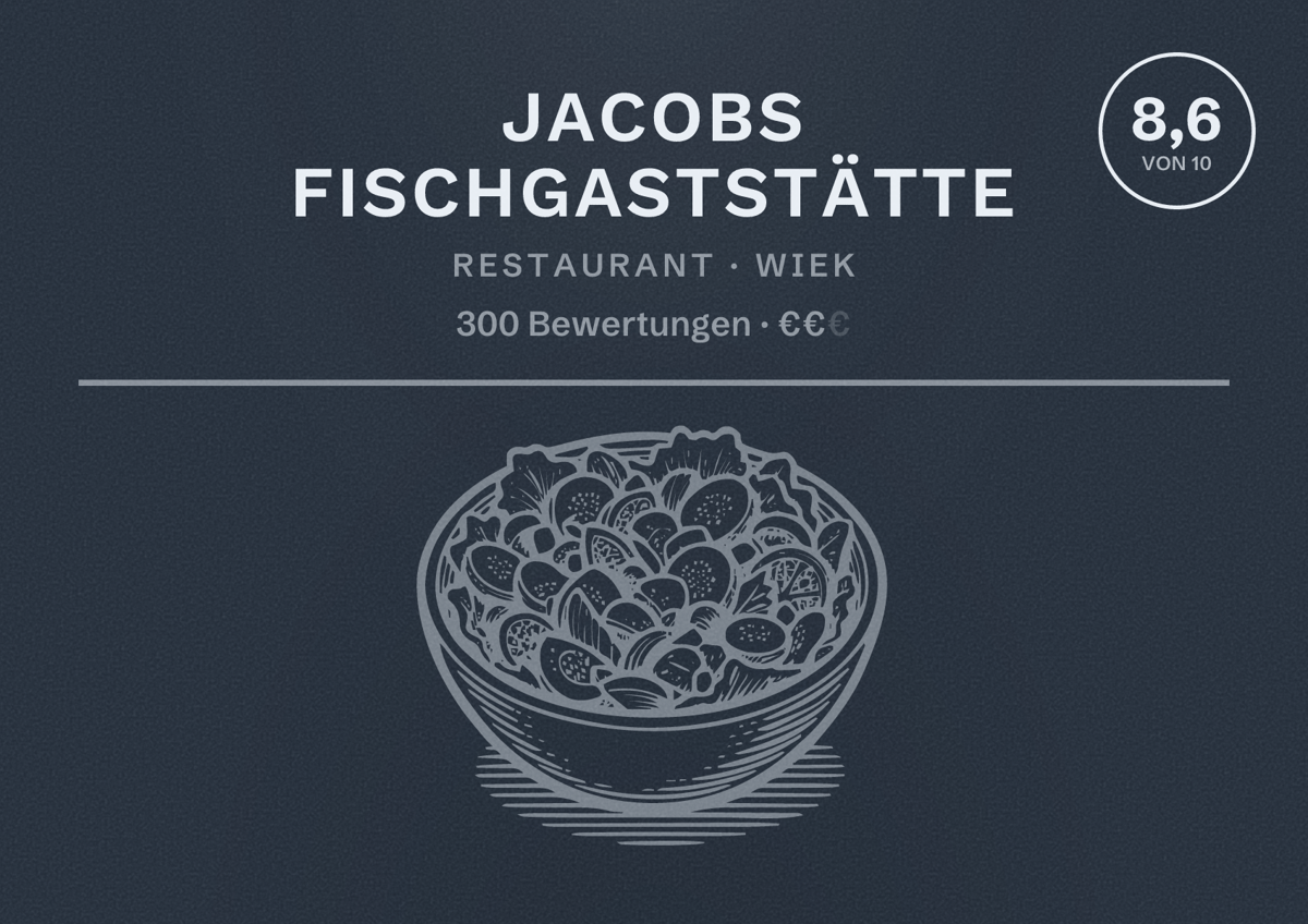 Illustriertes Poster von Jacobs Fischgaststätte, Restaurant in Wiek: Bewertung 8,6 von 10 aus 300 Bewertungen, Preisniveau €€