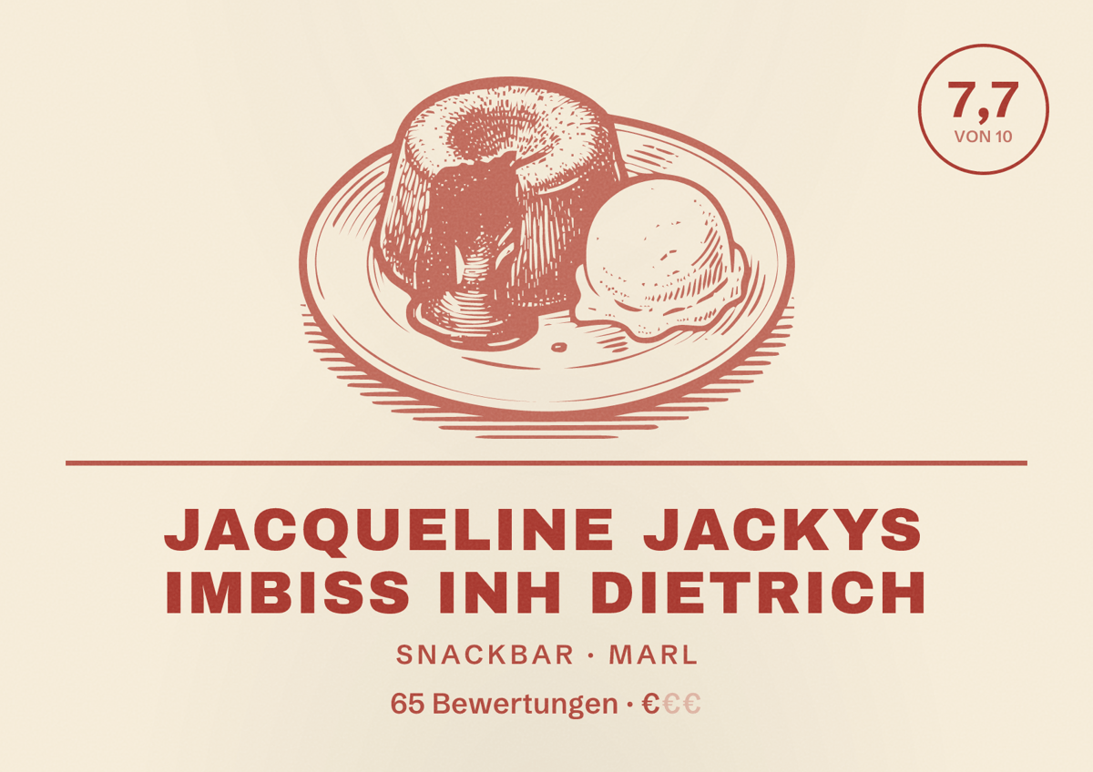 Illustriertes Poster von Jacqueline Jackys Imbiss Inh Dietrich, Snackbar in Marl: Bewertung 7,7 von 10 aus 65 Bewertungen, Preisniveau €
