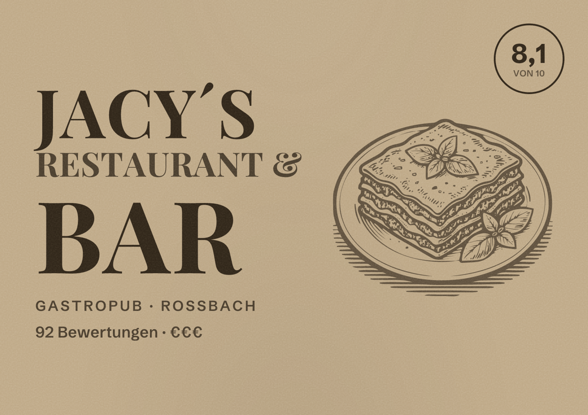 Illustriertes Poster von Jacy´s Restaurant & Bar, Gastropub in Roßbach: Bewertung 8,1 von 10 aus 92 Bewertungen, Preisniveau €€€