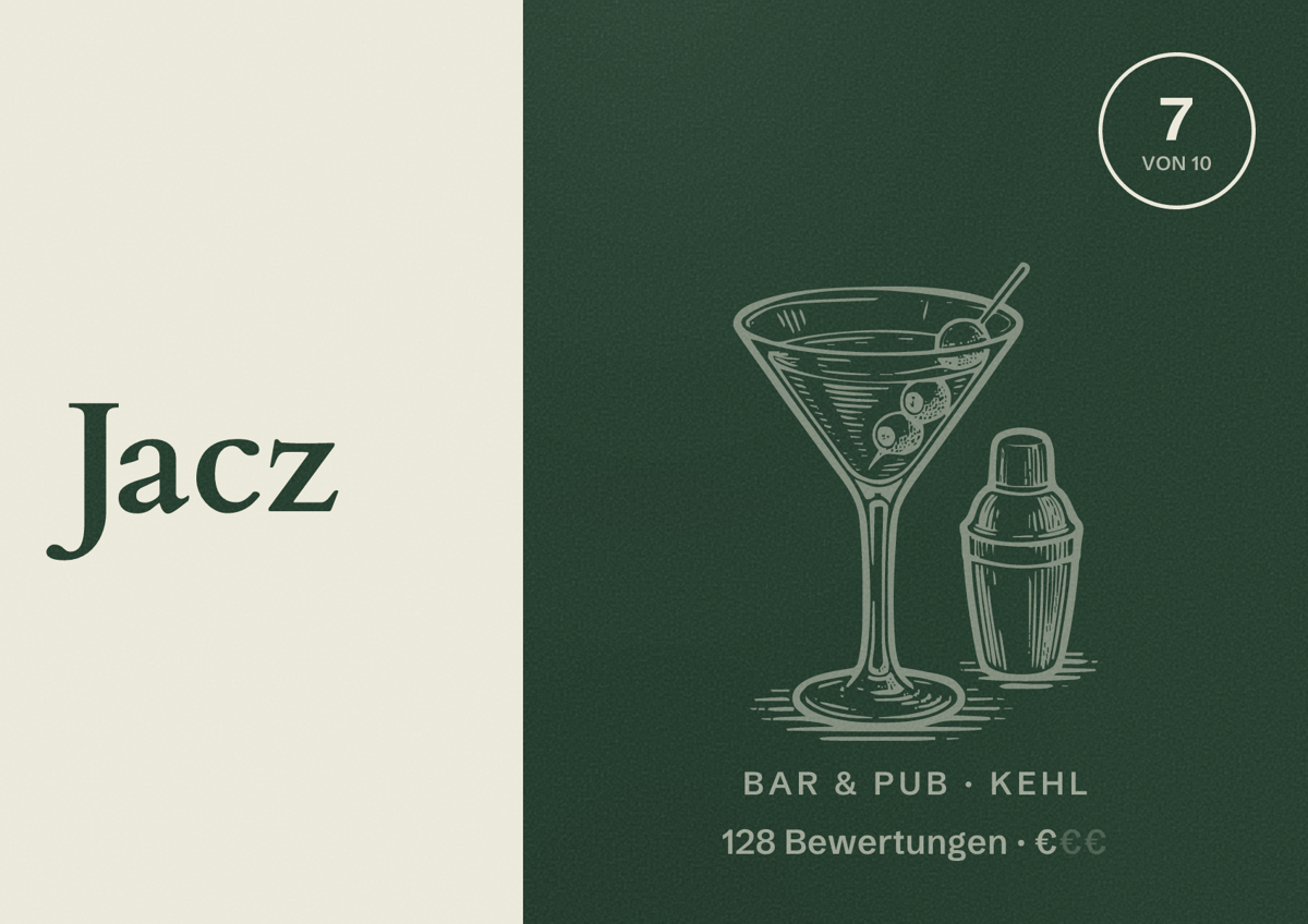 Illustriertes Poster von Jacz, Bar & Pub in Kehl: Bewertung 7 von 10 aus 128 Bewertungen, Preisniveau €