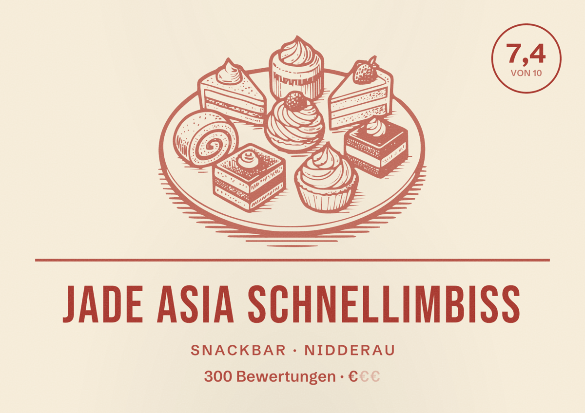 Illustriertes Poster von Jade Asia Schnellimbiss, Snackbar in Nidderau: Bewertung 7,4 von 10 aus 300 Bewertungen, Preisniveau €