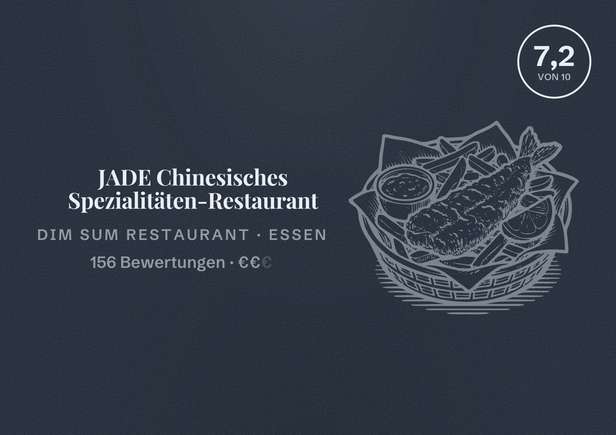 Illustriertes Poster von JADE Chinesisches Spezialitäten-Restaurant, Dim Sum Restaurant in Essen: Bewertung 7,2 von 10 aus 156 Bewertungen, Preisniveau €€