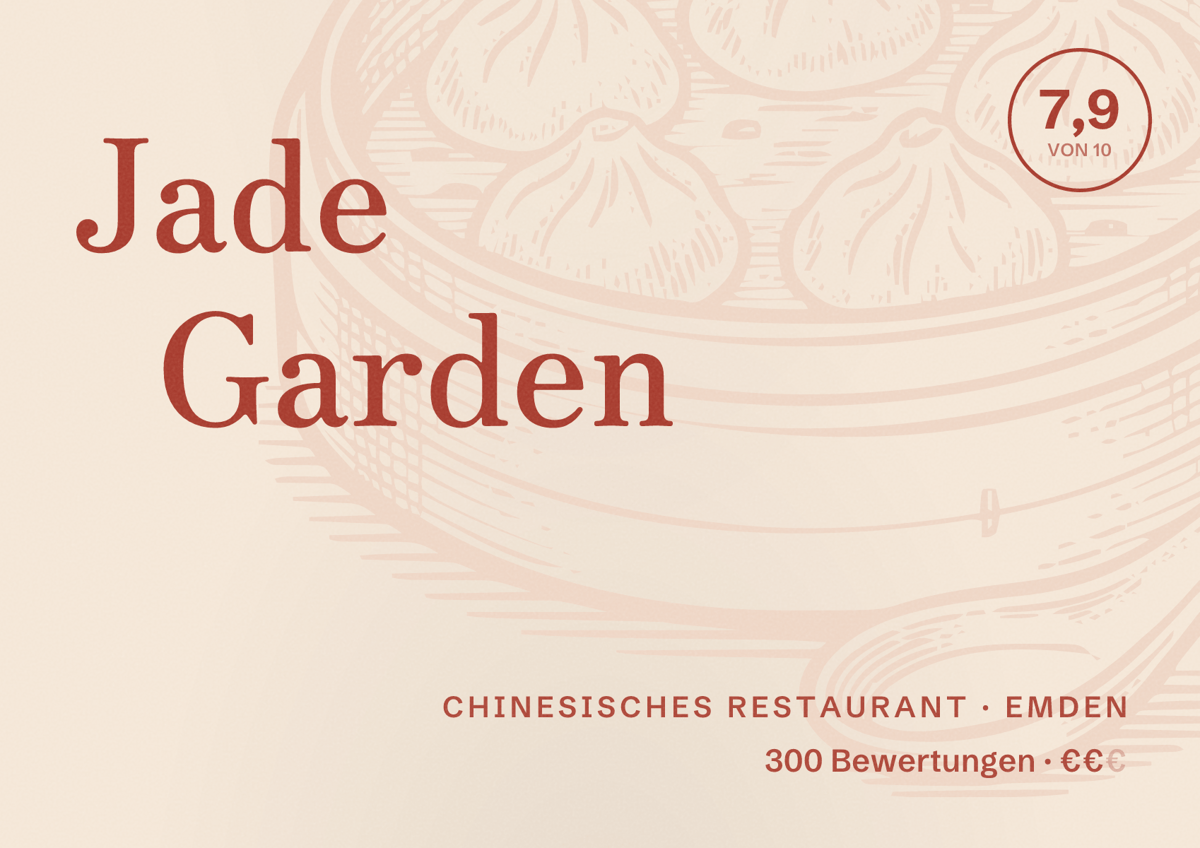 Illustriertes Poster von Jade Garden, Chinesisches Restaurant in Emden: Bewertung 7,9 von 10 aus 300 Bewertungen, Preisniveau €€