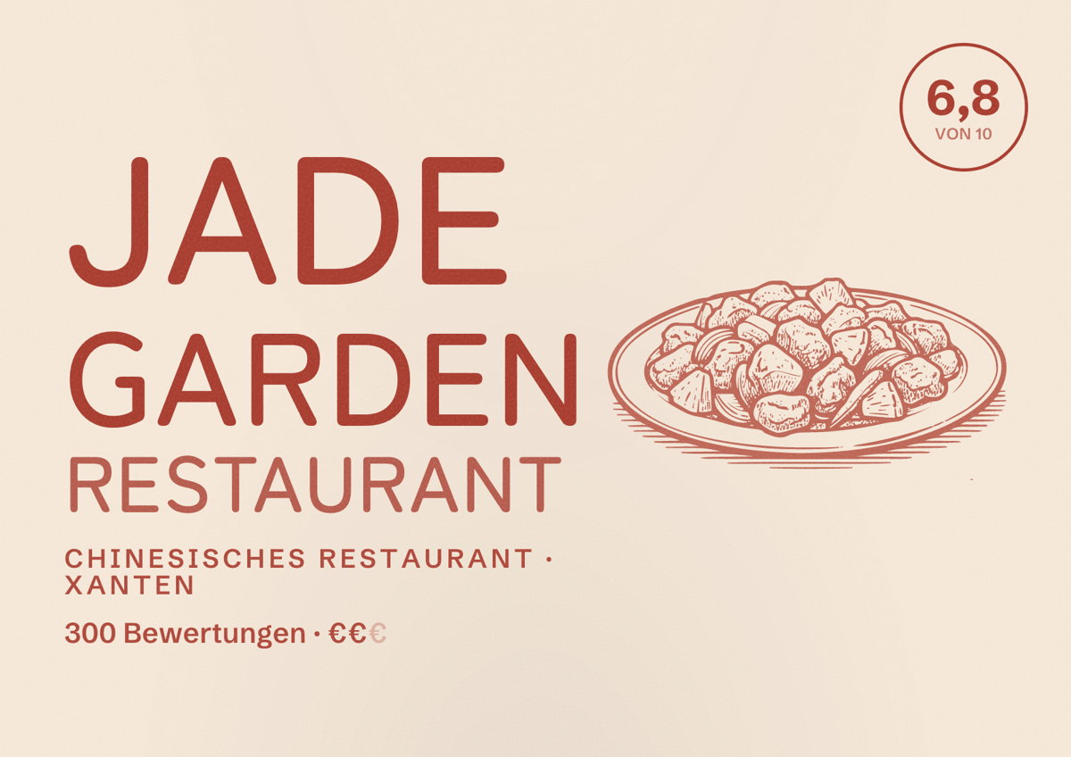 Illustriertes Poster von Jade Garden Restaurant, Chinesisches Restaurant in Xanten: Bewertung 6,8 von 10 aus 300 Bewertungen, Preisniveau €€