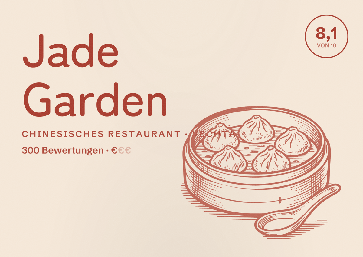 Illustriertes Poster von Jade Garden, Chinesisches Restaurant in Vechta: Bewertung 8,1 von 10 aus 300 Bewertungen, Preisniveau €
