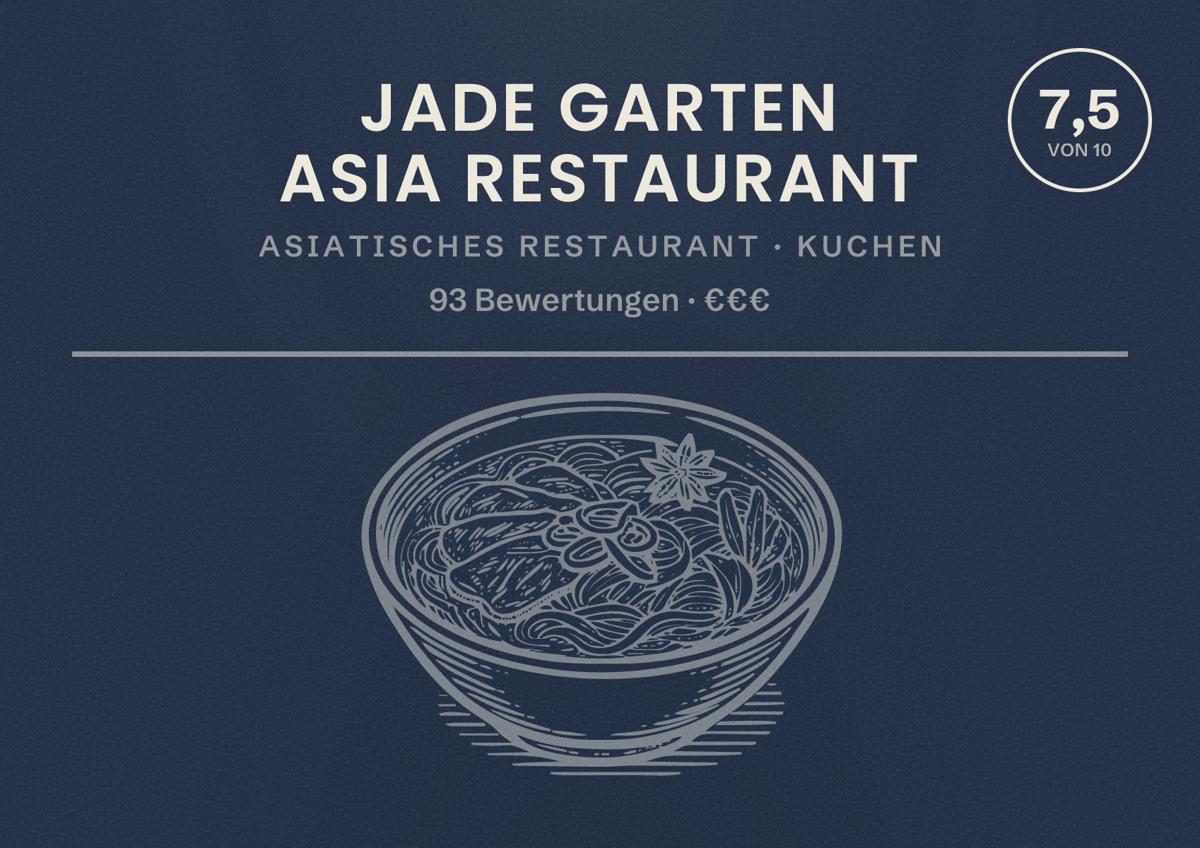 Illustriertes Poster von Jade Garten Asia Restaurant, Asiatisches Restaurant in Kuchen: Bewertung 7,5 von 10 aus 93 Bewertungen, Preisniveau €€€