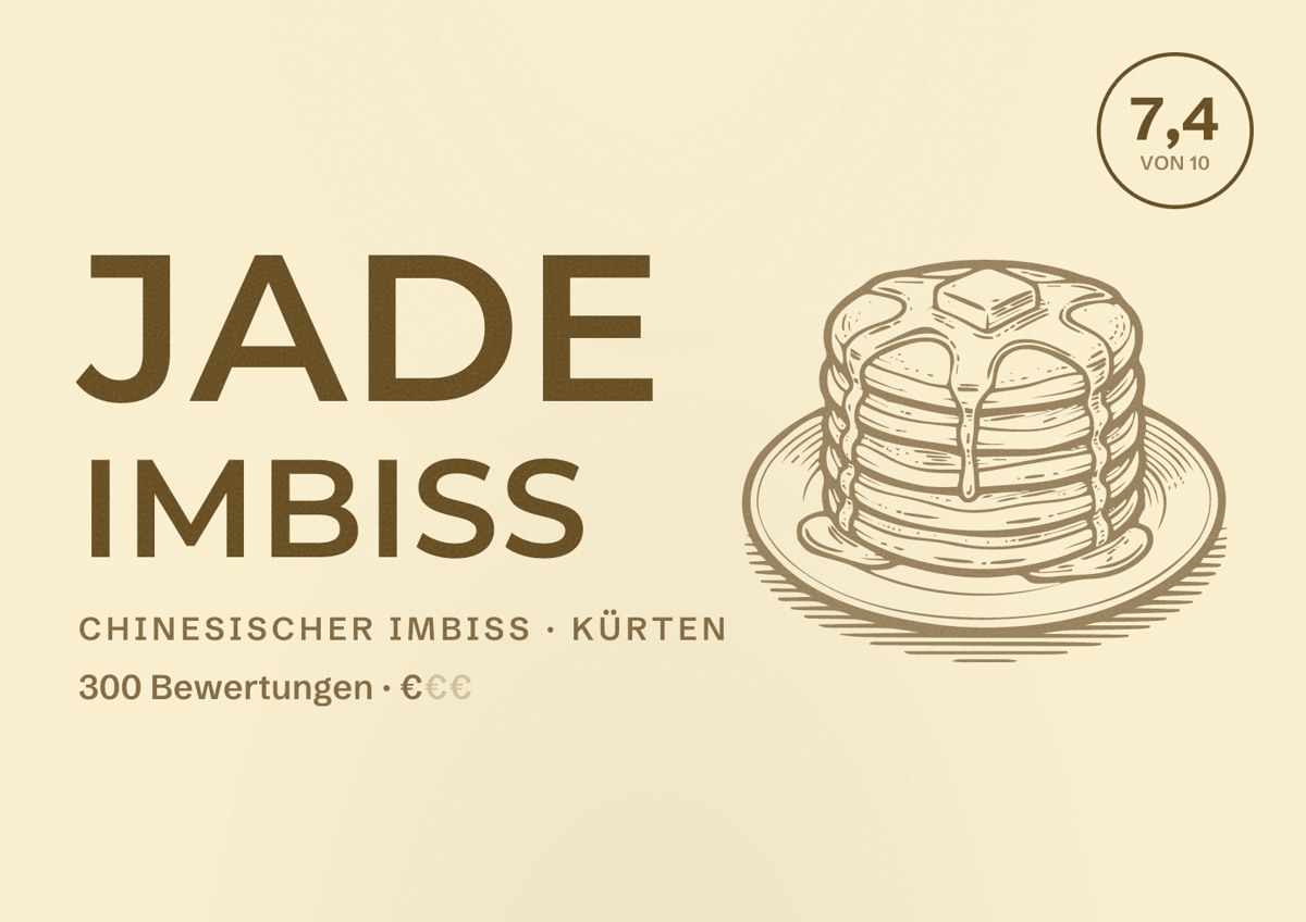 Illustriertes Poster von Jade Imbiss, Chinesischer Imbiss in Kürten: Bewertung 7,4 von 10 aus 300 Bewertungen, Preisniveau €