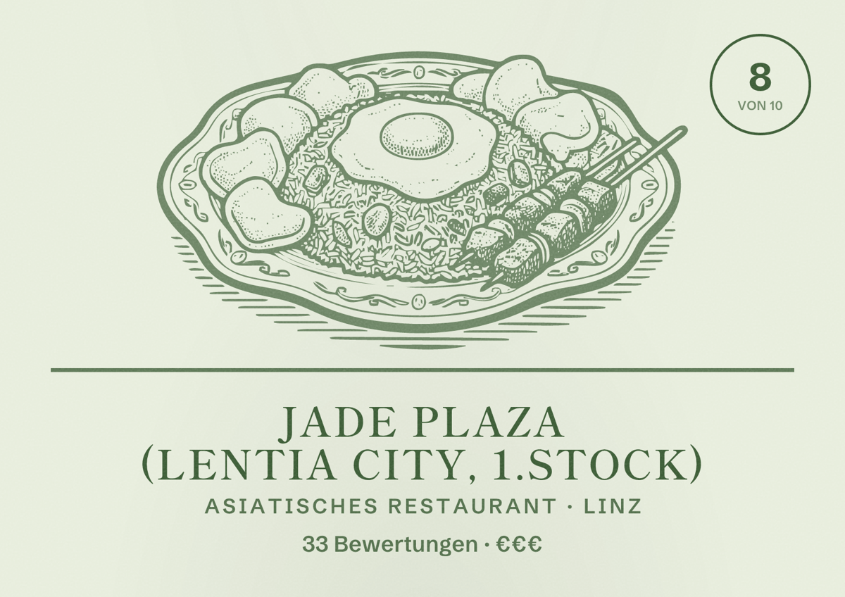 Illustriertes Poster von Jade Plaza (Lentia City, 1.Stock), Asiatisches Restaurant in Linz: Bewertung 8 von 10 aus 33 Bewertungen, Preisniveau €€€
