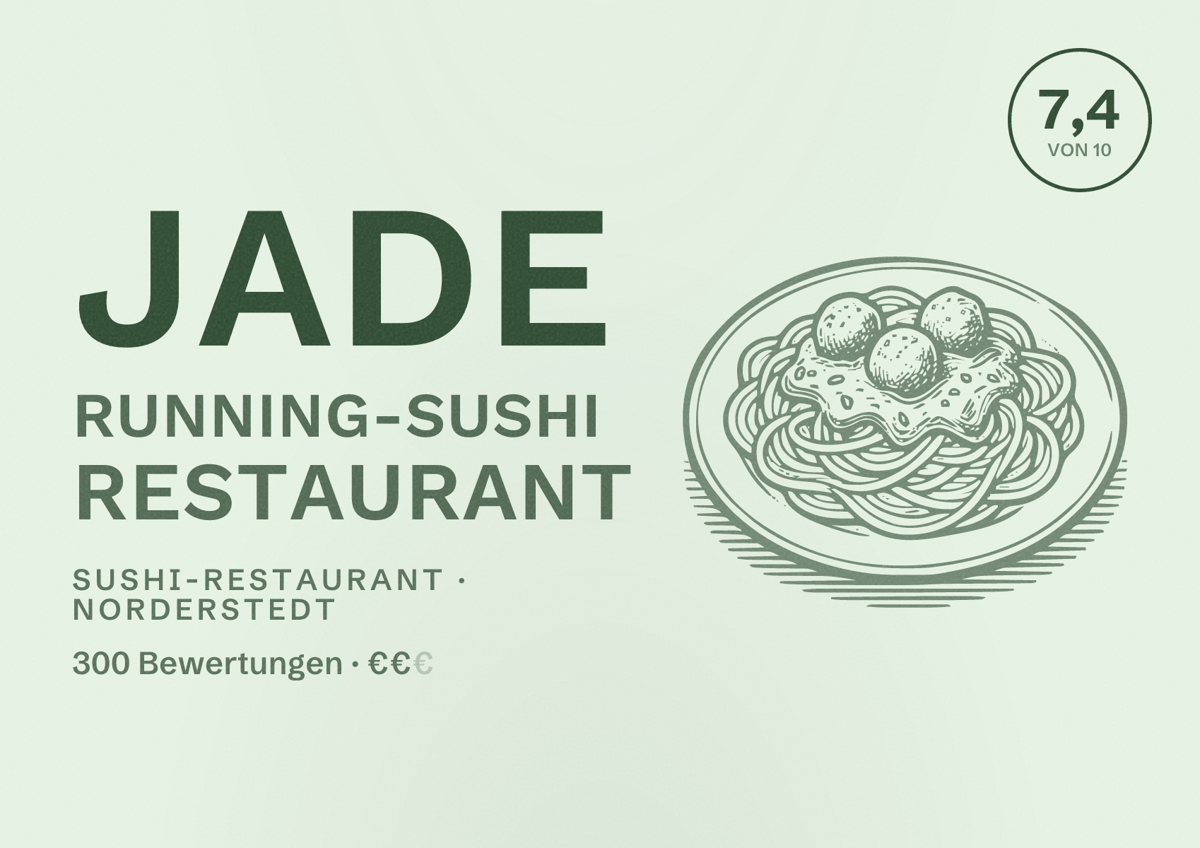 Illustriertes Poster von Jade Running-Sushi Restaurant, Sushi-Restaurant in Norderstedt: Bewertung 7,4 von 10 aus 300 Bewertungen, Preisniveau €€