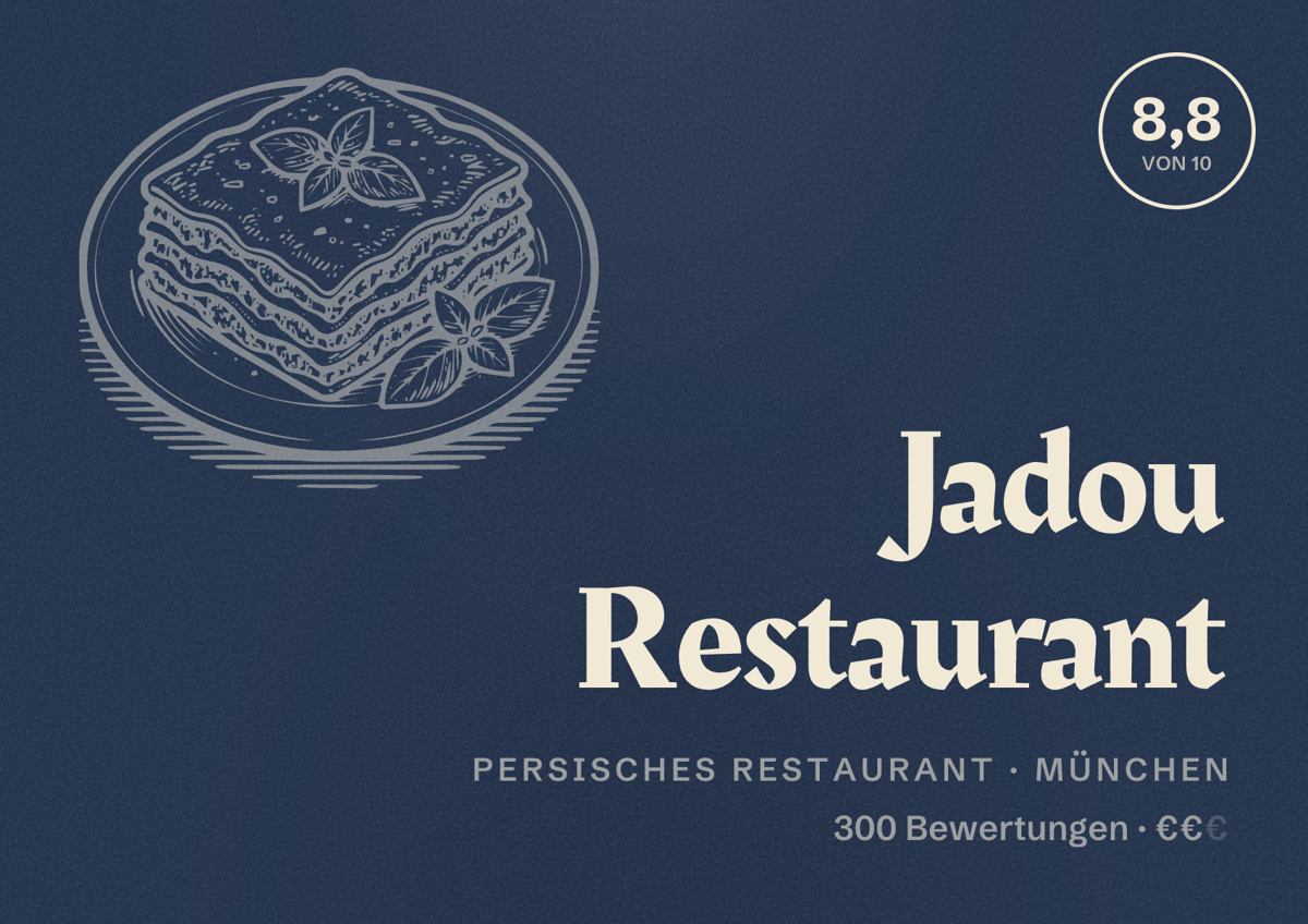 Illustriertes Poster von Jadou Restaurant, Persisches Restaurant in München: Bewertung 8,8 von 10 aus 300 Bewertungen, Preisniveau €€