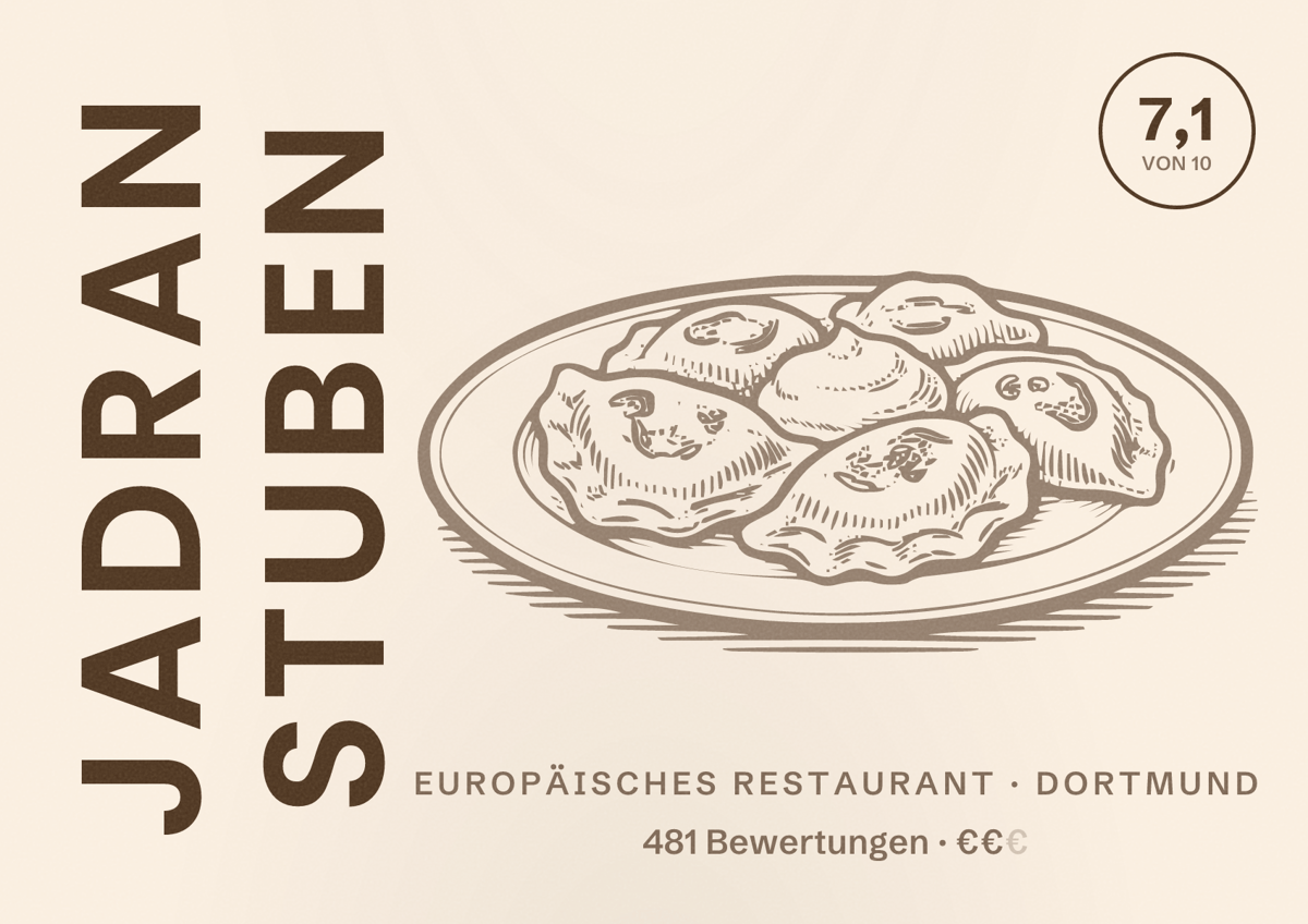 Illustriertes Poster von Jadran Stuben, Europäisches Restaurant in Dortmund: Bewertung 7,1 von 10 aus 481 Bewertungen, Preisniveau €€