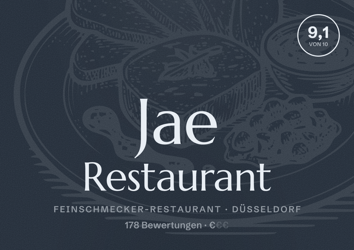 Illustriertes Poster von Jae Restaurant, Feinschmecker-Restaurant in Düsseldorf: Bewertung 9,1 von 10 aus 178 Bewertungen, Preisniveau €