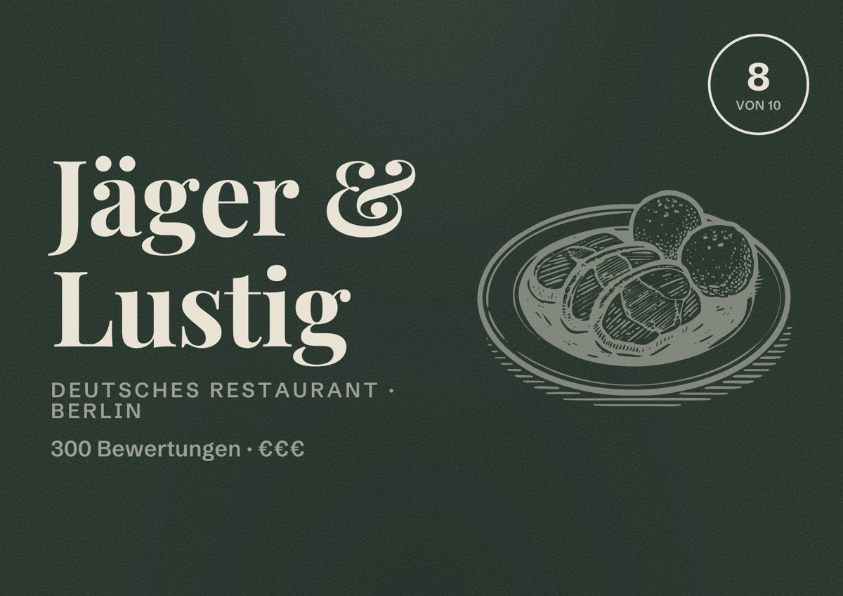 Illustriertes Poster von Jäger & Lustig, Deutsches Restaurant in Berlin: Bewertung 8,0 von 10 aus 300 Bewertungen, Preisniveau €€€